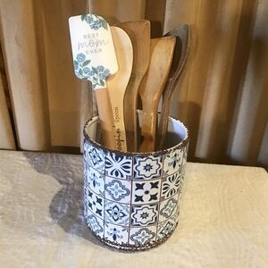 Navy Blue, Cream & Rustic Tile look Ceramic Utensil Holder – Rustic Farmhouse –